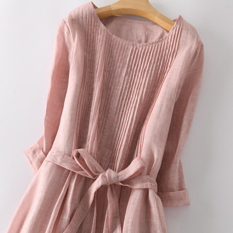 Casual Lace-up Plain Crew Neck Half Sleeve Cotton Midi Dress With Pockets