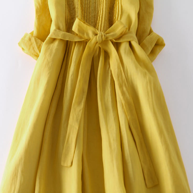 Casual Lace-up Plain Crew Neck Half Sleeve Cotton Midi Dress With Pockets