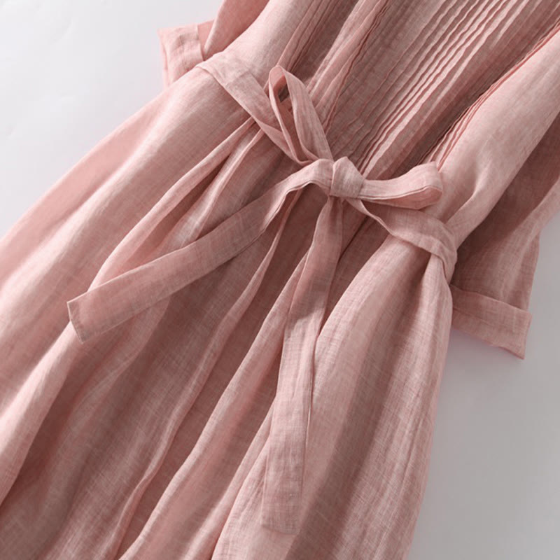 Casual Lace-up Plain Crew Neck Half Sleeve Cotton Midi Dress With Pockets