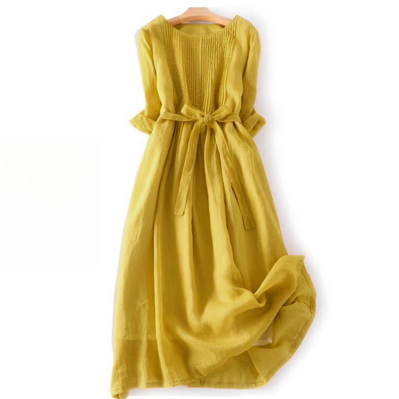 Casual Lace-up Plain Crew Neck Half Sleeve Cotton Midi Dress With Pockets