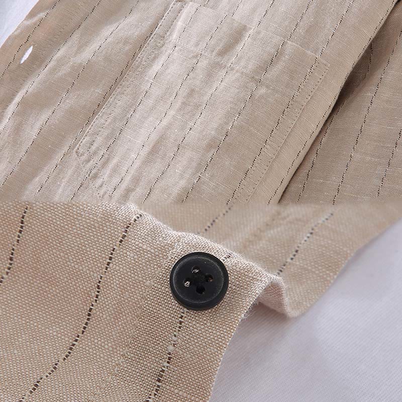 Daily Tang Suit Men's Striped Pattern Cotton Linen Long Sleeve Shirt
