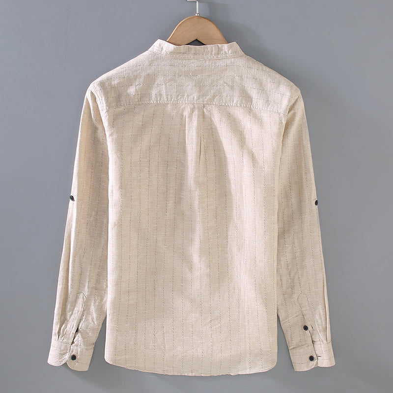 Daily Tang Suit Men's Striped Pattern Cotton Linen Long Sleeve Shirt