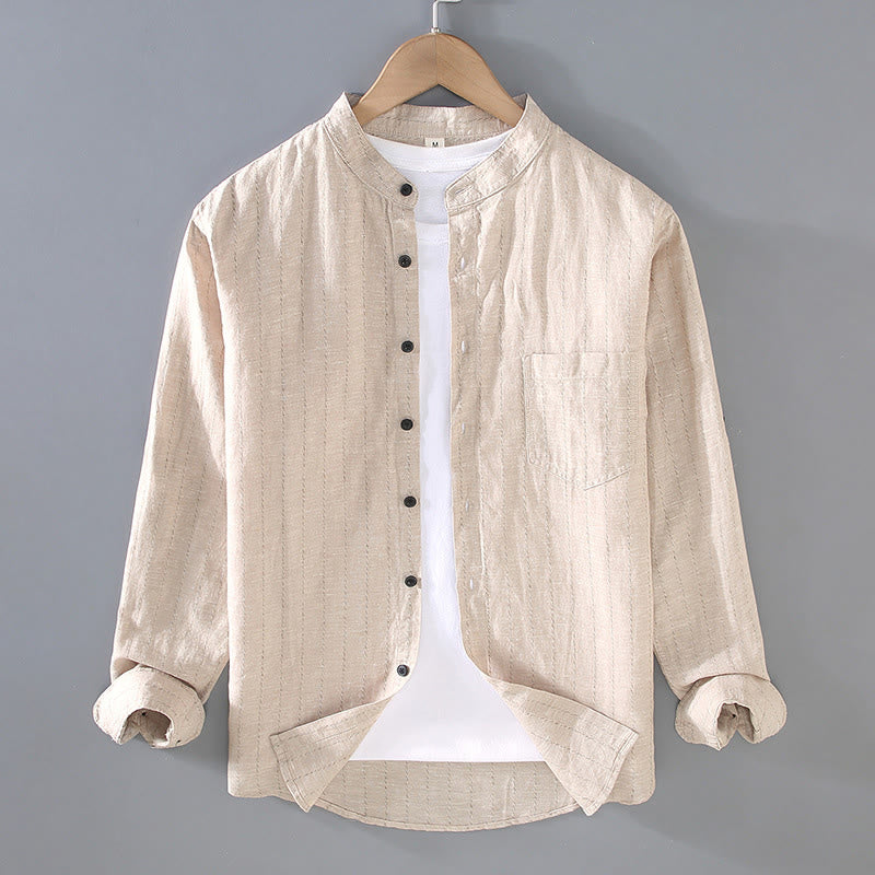 Daily Tang Suit Men's Striped Pattern Cotton Linen Long Sleeve Shirt