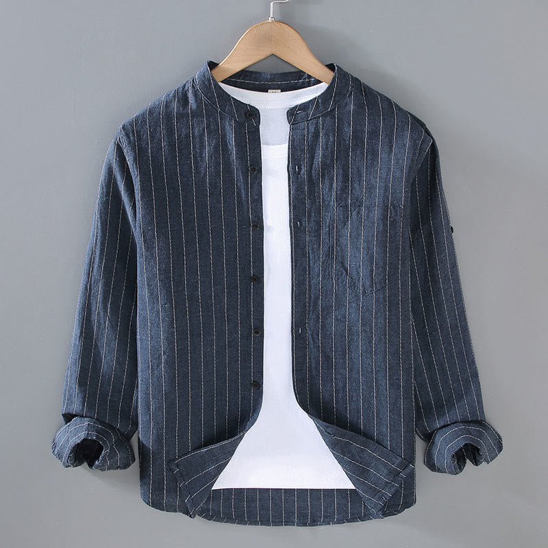 Daily Tang Suit Men's Striped Pattern Cotton Linen Long Sleeve Shirt
