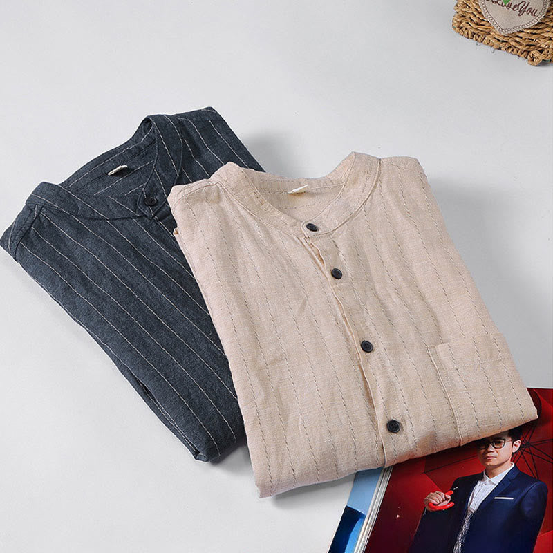 Daily Tang Suit Men's Striped Pattern Cotton Linen Long Sleeve Shirt