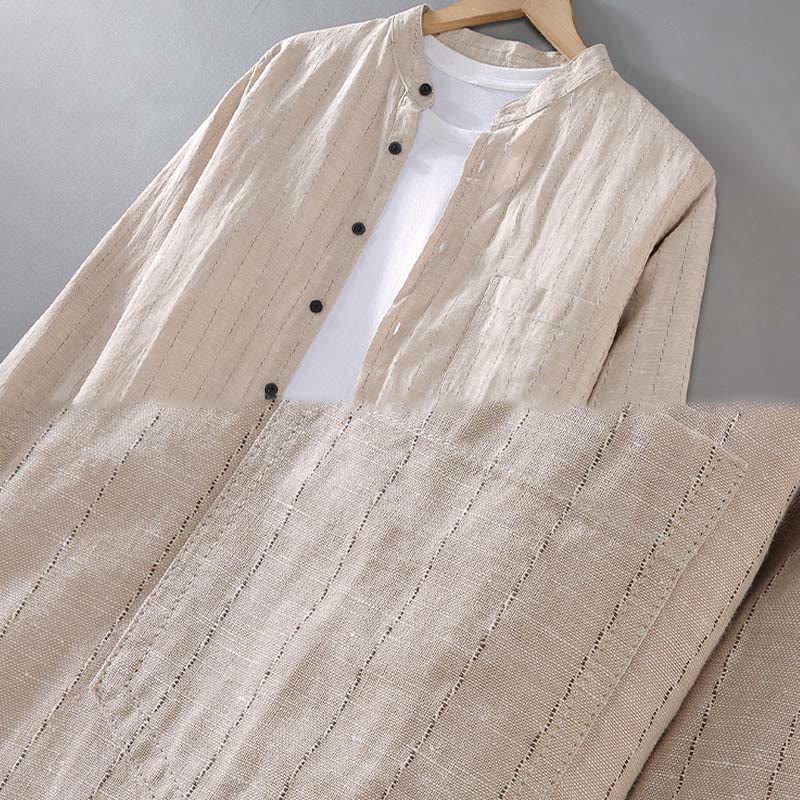 Daily Tang Suit Men's Striped Pattern Cotton Linen Long Sleeve Shirt
