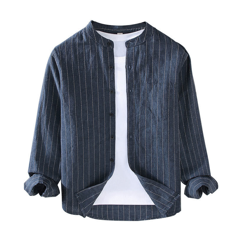 Daily Tang Suit Men's Striped Pattern Cotton Linen Long Sleeve Shirt