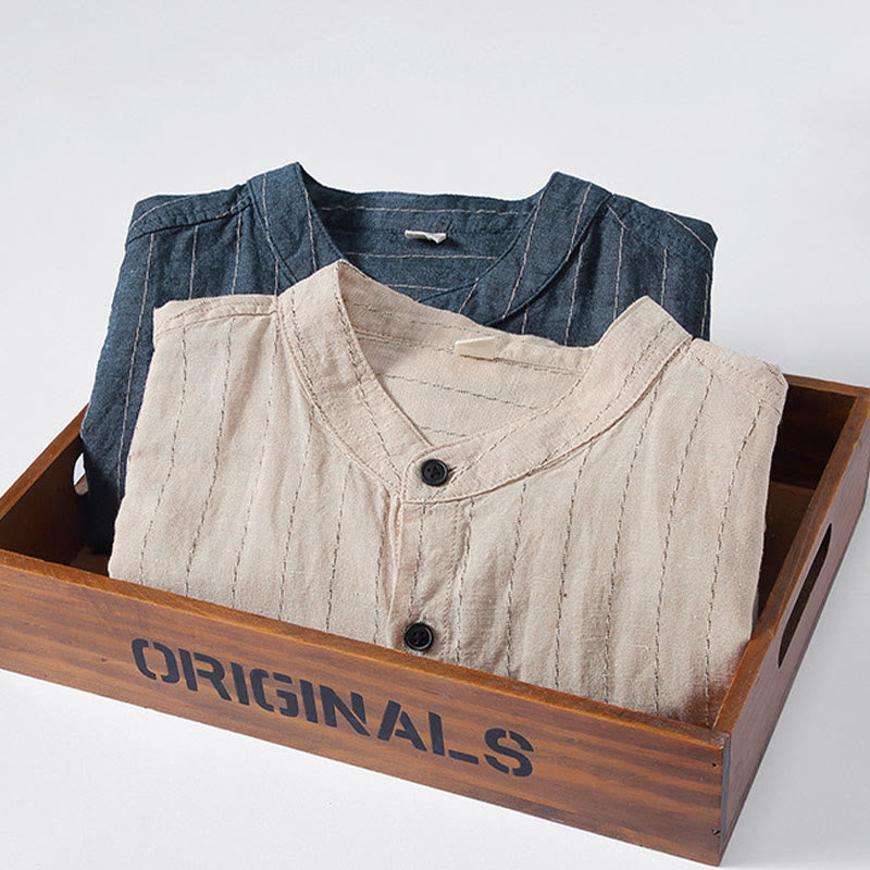 Daily Tang Suit Men's Striped Pattern Cotton Linen Long Sleeve Shirt