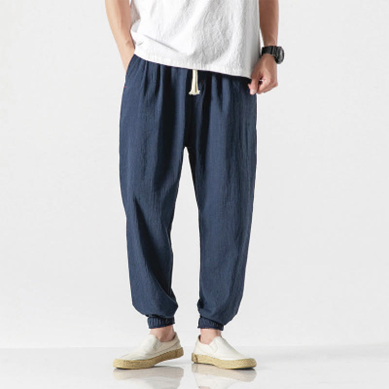 Simple Drawstring Design Linen Men's Pants With Pockets