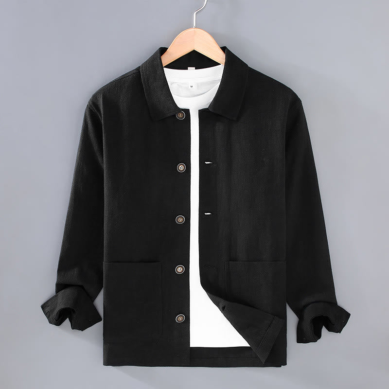 Commute Plain Long Sleeve Button Lapel Design Men's Ramie Linen Jacket With Pockets