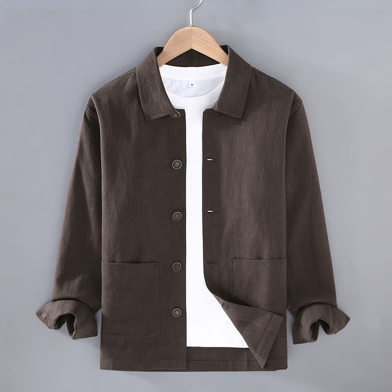 Commute Plain Long Sleeve Button Lapel Design Men's Ramie Linen Jacket With Pockets