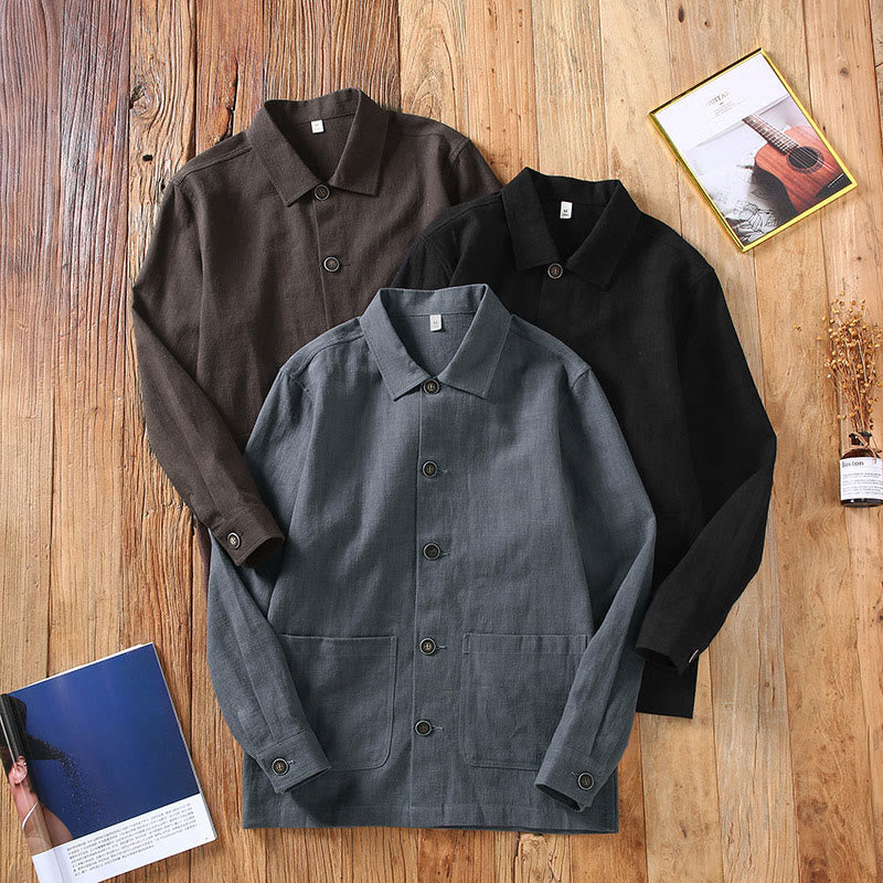 Commute Plain Long Sleeve Button Lapel Design Men's Ramie Linen Jacket With Pockets
