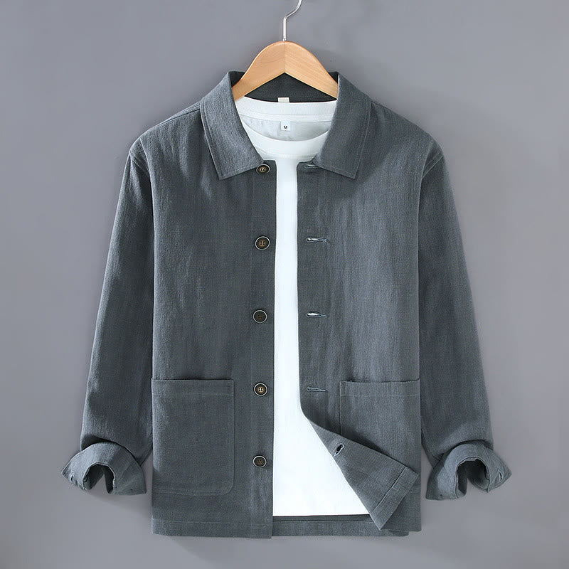 Commute Plain Long Sleeve Button Lapel Design Men's Ramie Linen Jacket With Pockets