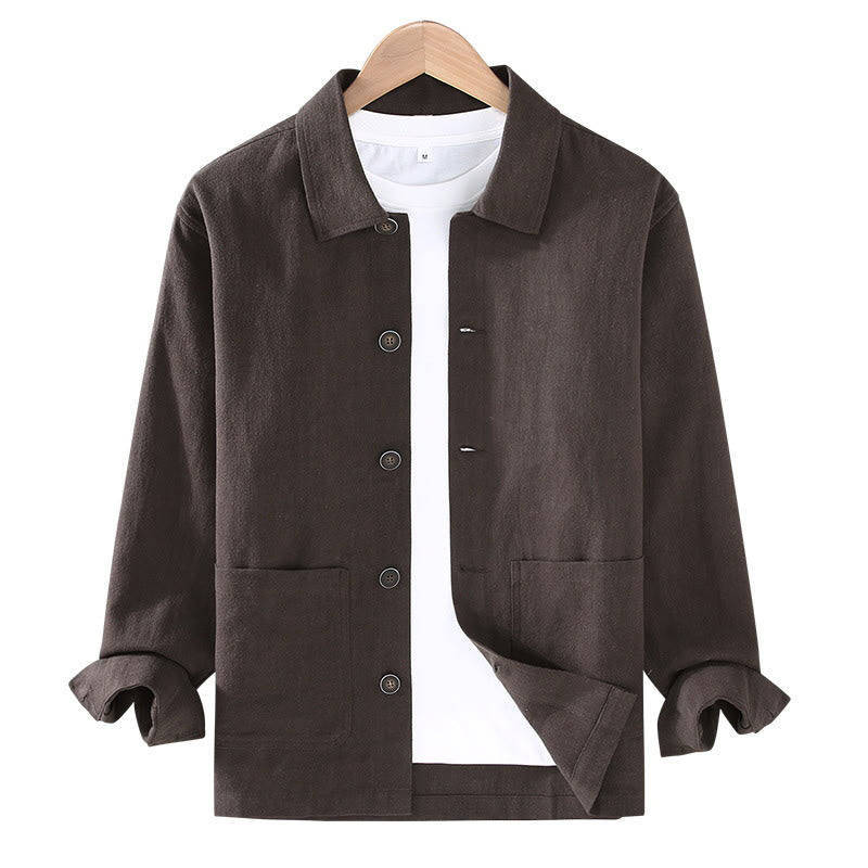 Commute Plain Long Sleeve Button Lapel Design Men's Ramie Linen Jacket With Pockets