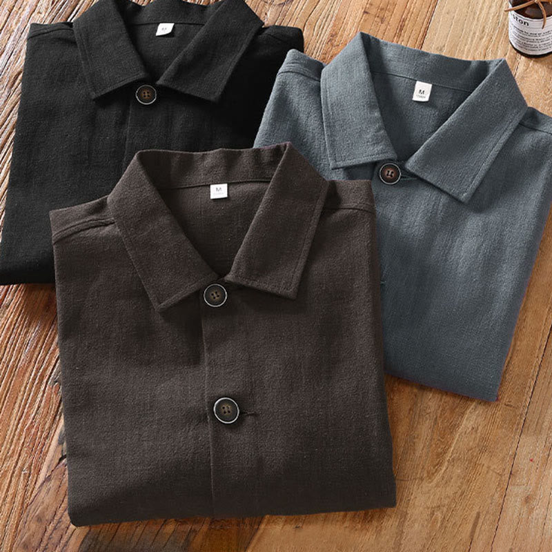 Commute Plain Long Sleeve Button Lapel Design Men's Ramie Linen Jacket With Pockets