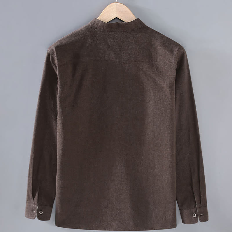 Commute Plain Long Sleeve Button Lapel Design Men's Ramie Linen Jacket With Pockets