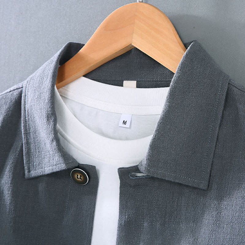 Commute Plain Long Sleeve Button Lapel Design Men's Ramie Linen Jacket With Pockets