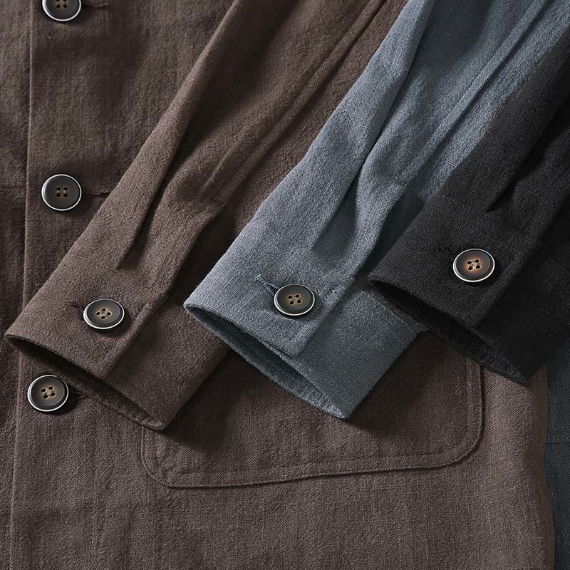 Commute Plain Long Sleeve Button Lapel Design Men's Ramie Linen Jacket With Pockets