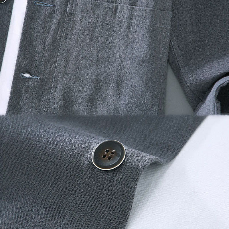 Commute Plain Long Sleeve Button Lapel Design Men's Ramie Linen Jacket With Pockets