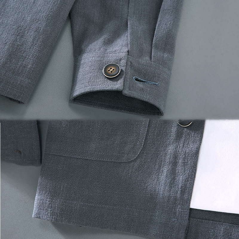 Commute Plain Long Sleeve Button Lapel Design Men's Ramie Linen Jacket With Pockets