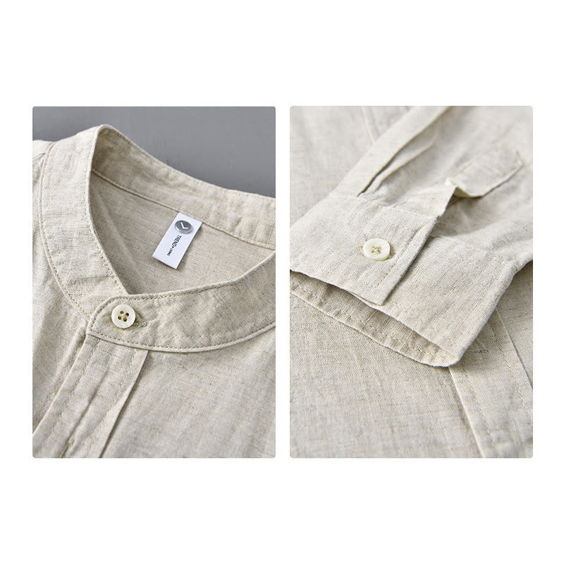 Men's Long Sleeve Stand Collar With Pocket Pure Color Casual Cotton Linen Shirt