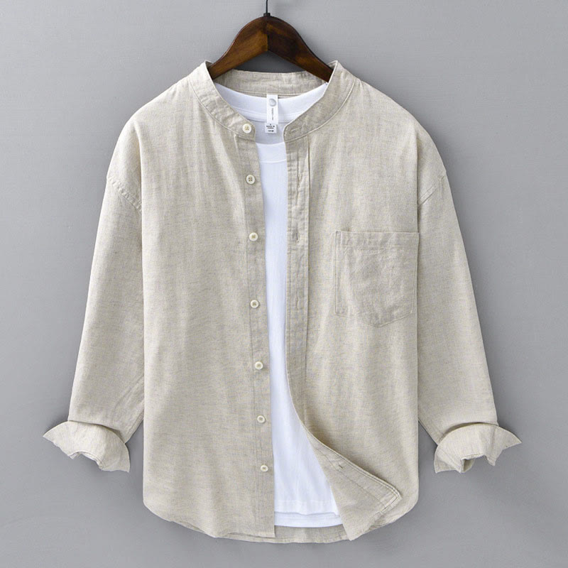 Men's Long Sleeve Stand Collar With Pocket Pure Color Casual Cotton Linen Shirt
