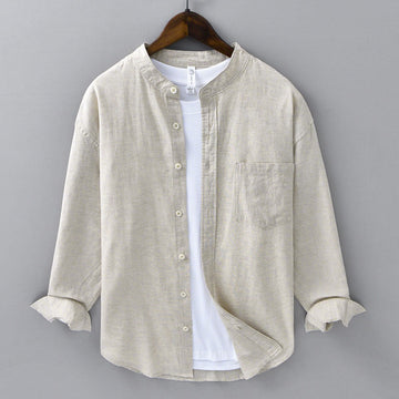 Men's Long Sleeve Stand Collar With Pocket Pure Color Casual Cotton Linen Shirt