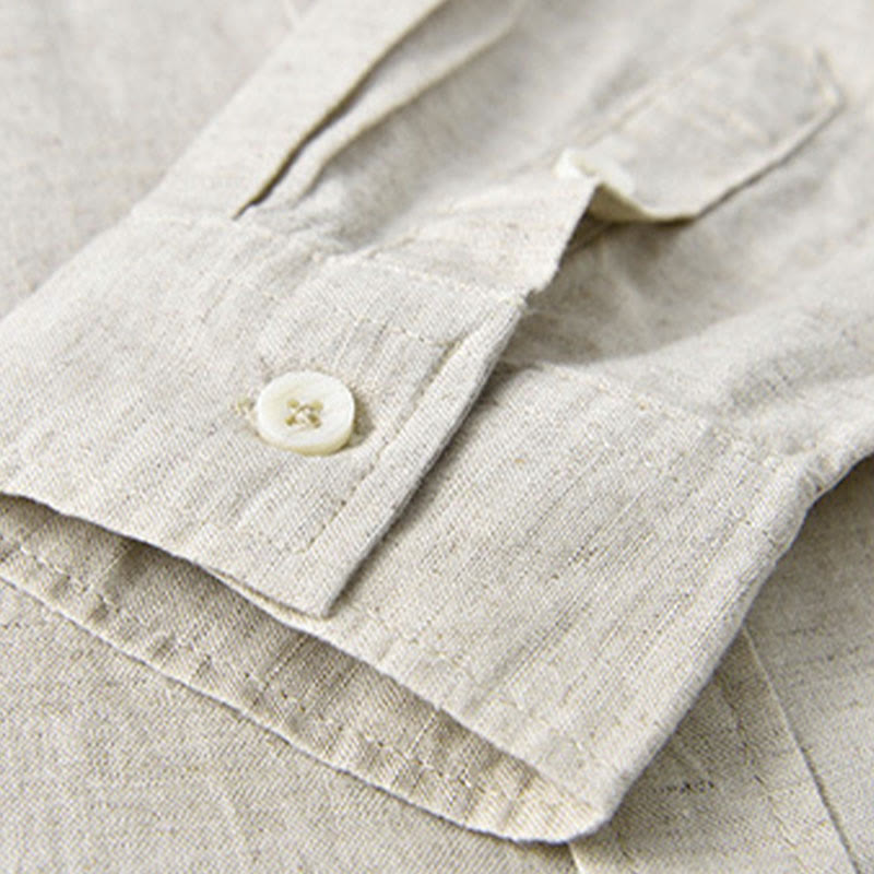 Men's Long Sleeve Stand Collar With Pocket Pure Color Casual Cotton Linen Shirt
