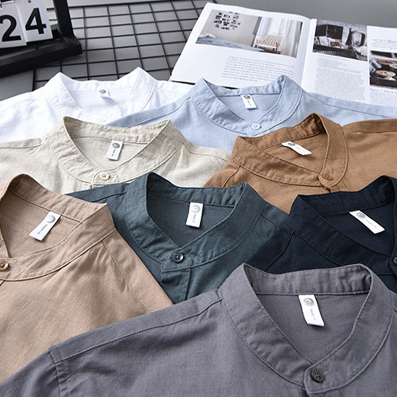 Men's Long Sleeve Stand Collar With Pocket Pure Color Casual Cotton Linen Shirt