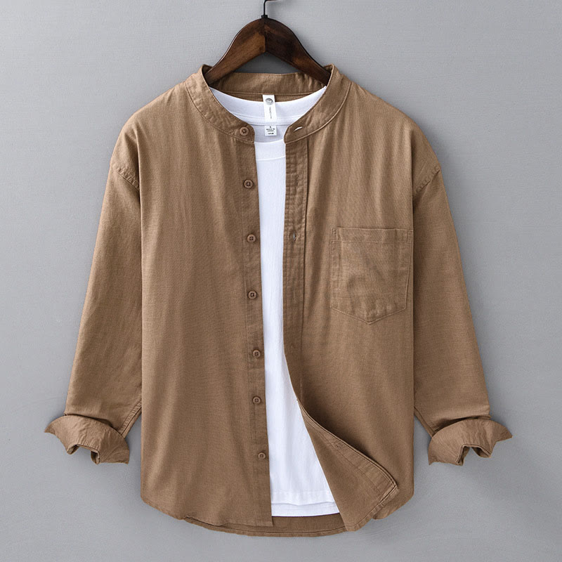 Men's Long Sleeve Stand Collar With Pocket Pure Color Casual Cotton Linen Shirt