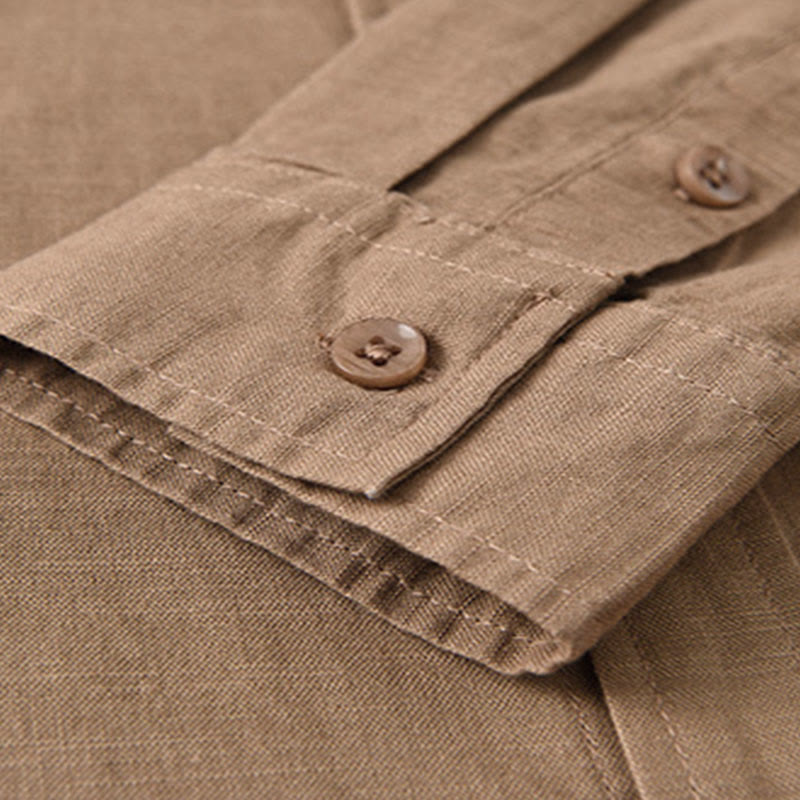 Men's Long Sleeve Stand Collar With Pocket Pure Color Casual Cotton Linen Shirt