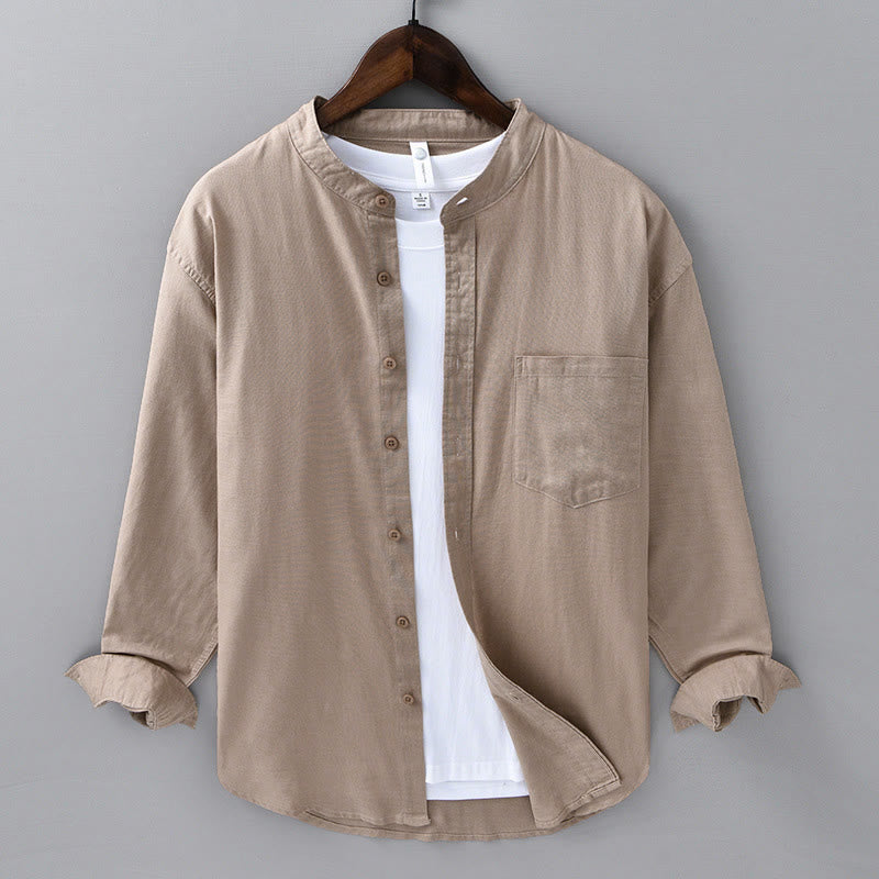 Men's Long Sleeve Stand Collar With Pocket Pure Color Casual Cotton Linen Shirt