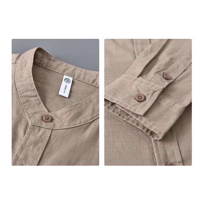 Men's Long Sleeve Stand Collar With Pocket Pure Color Casual Cotton Linen Shirt