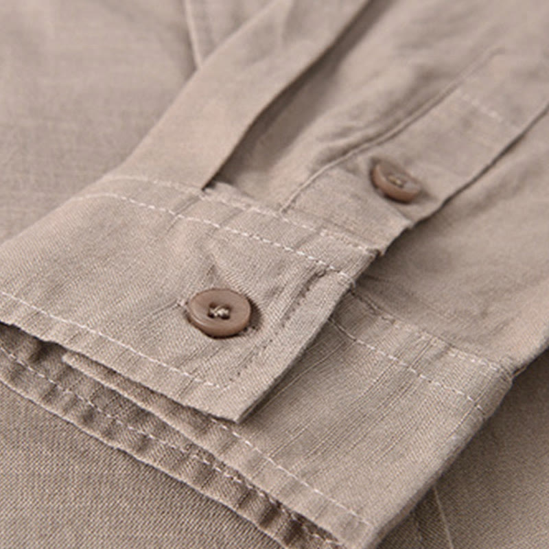 Men's Long Sleeve Stand Collar With Pocket Pure Color Casual Cotton Linen Shirt