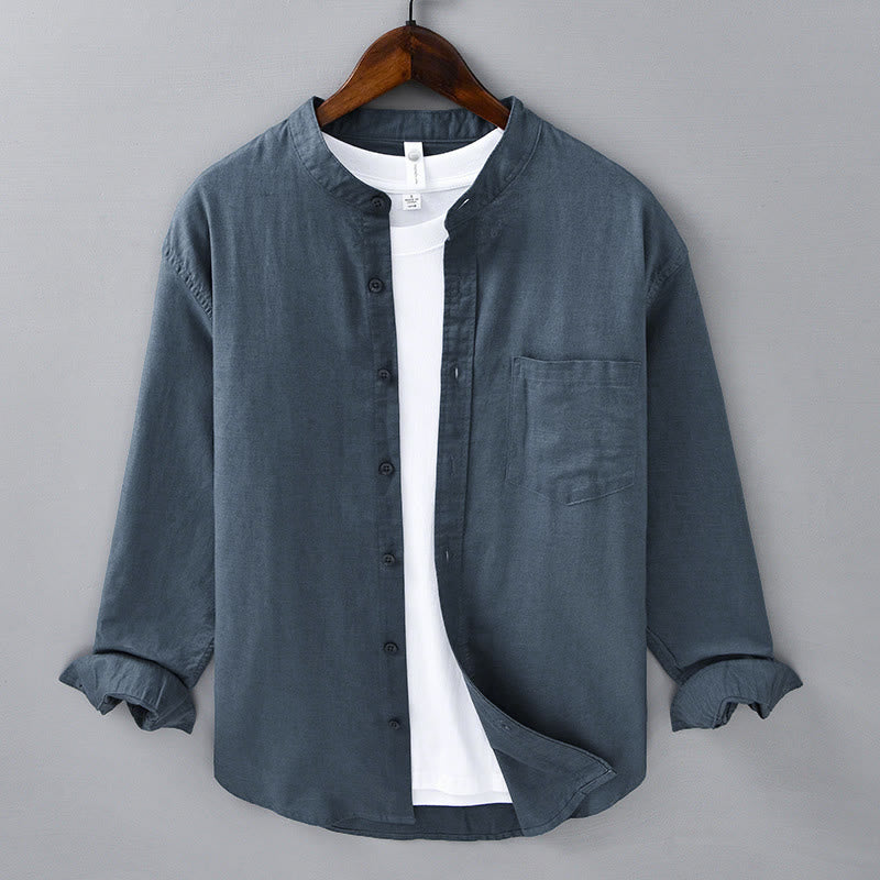 Men's Long Sleeve Stand Collar With Pocket Pure Color Casual Cotton Linen Shirt