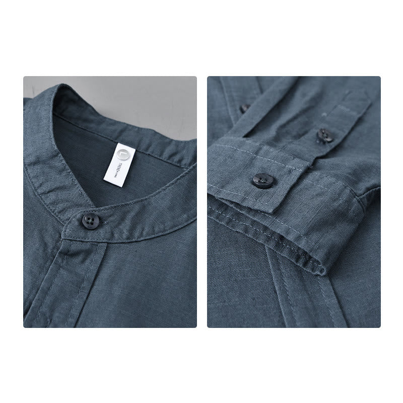 Men's Long Sleeve Stand Collar With Pocket Pure Color Casual Cotton Linen Shirt