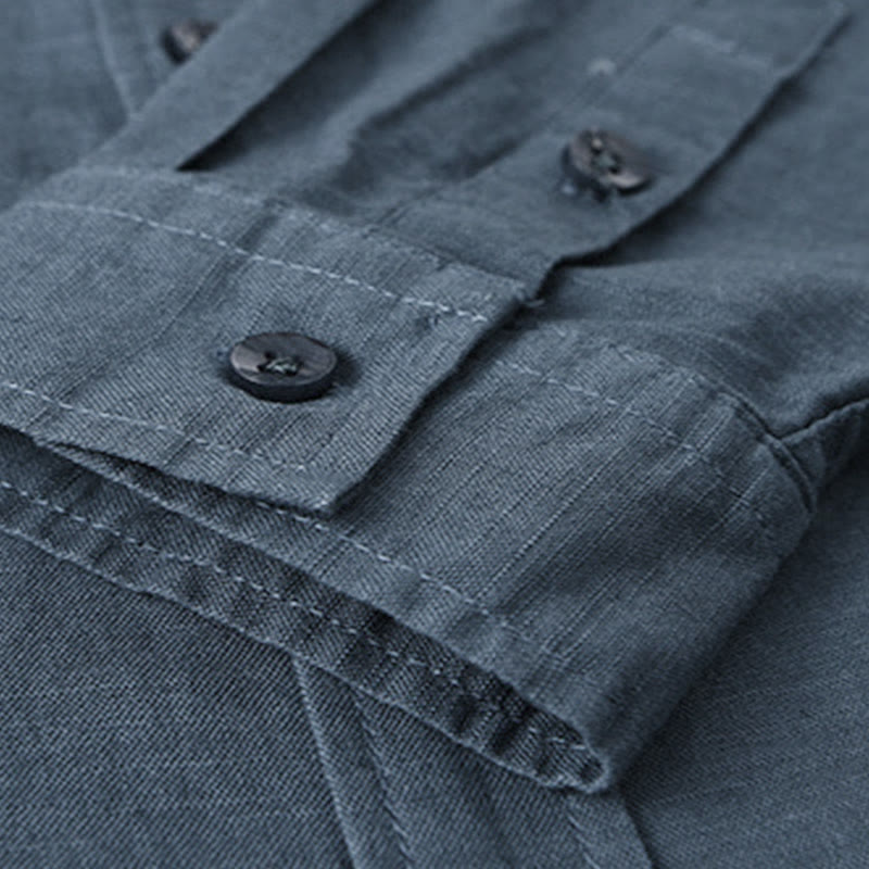 Men's Long Sleeve Stand Collar With Pocket Pure Color Casual Cotton Linen Shirt