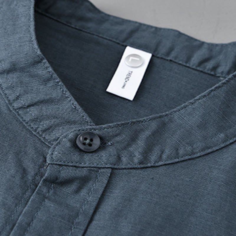 Men's Long Sleeve Stand Collar With Pocket Pure Color Casual Cotton Linen Shirt