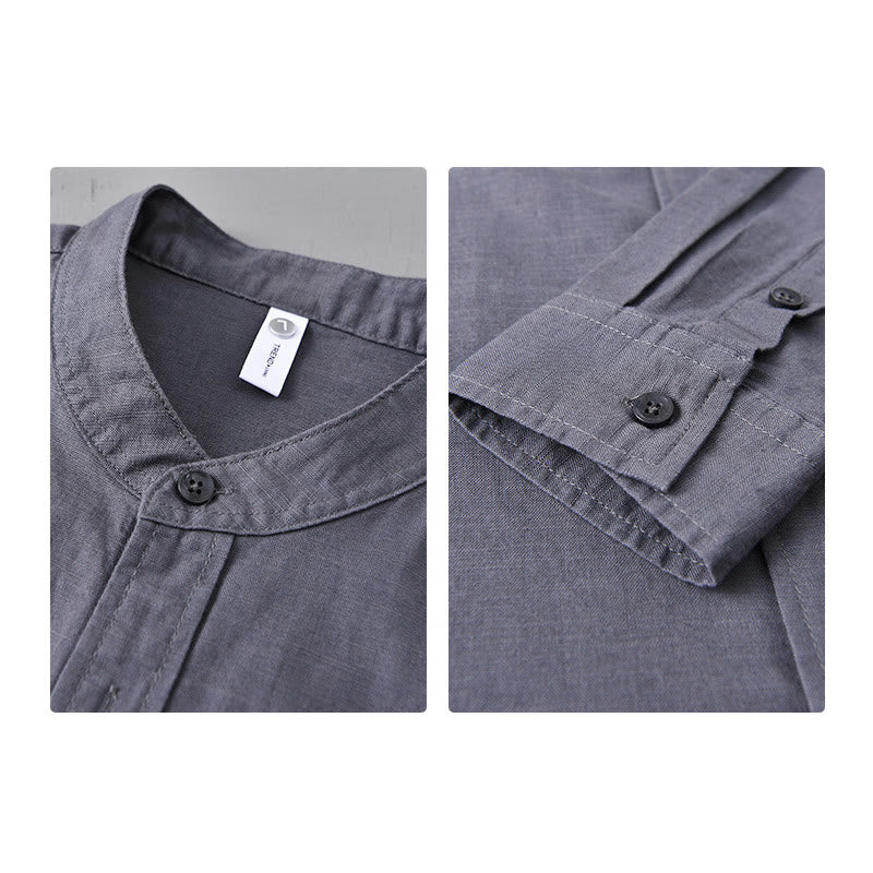 Men's Long Sleeve Stand Collar With Pocket Pure Color Casual Cotton Linen Shirt