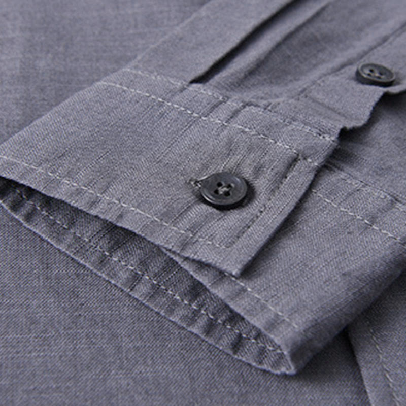 Men's Long Sleeve Stand Collar With Pocket Pure Color Casual Cotton Linen Shirt
