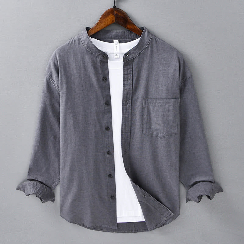 Men's Long Sleeve Stand Collar With Pocket Pure Color Casual Cotton Linen Shirt