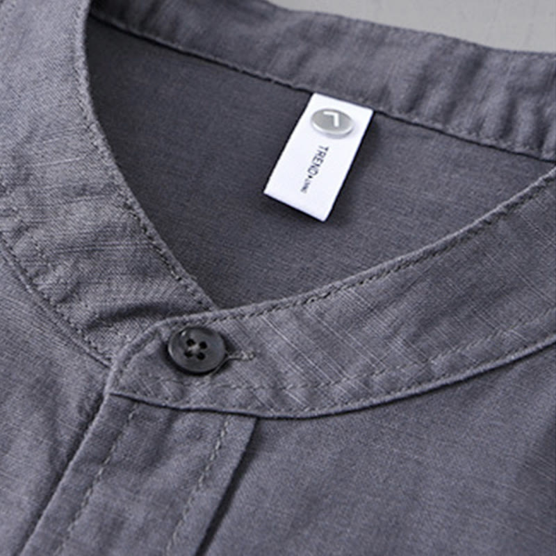 Men's Long Sleeve Stand Collar With Pocket Pure Color Casual Cotton Linen Shirt