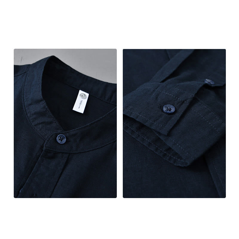 Men's Long Sleeve Stand Collar With Pocket Pure Color Casual Cotton Linen Shirt