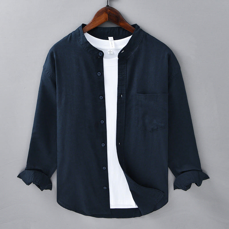 Men's Long Sleeve Stand Collar With Pocket Pure Color Casual Cotton Linen Shirt