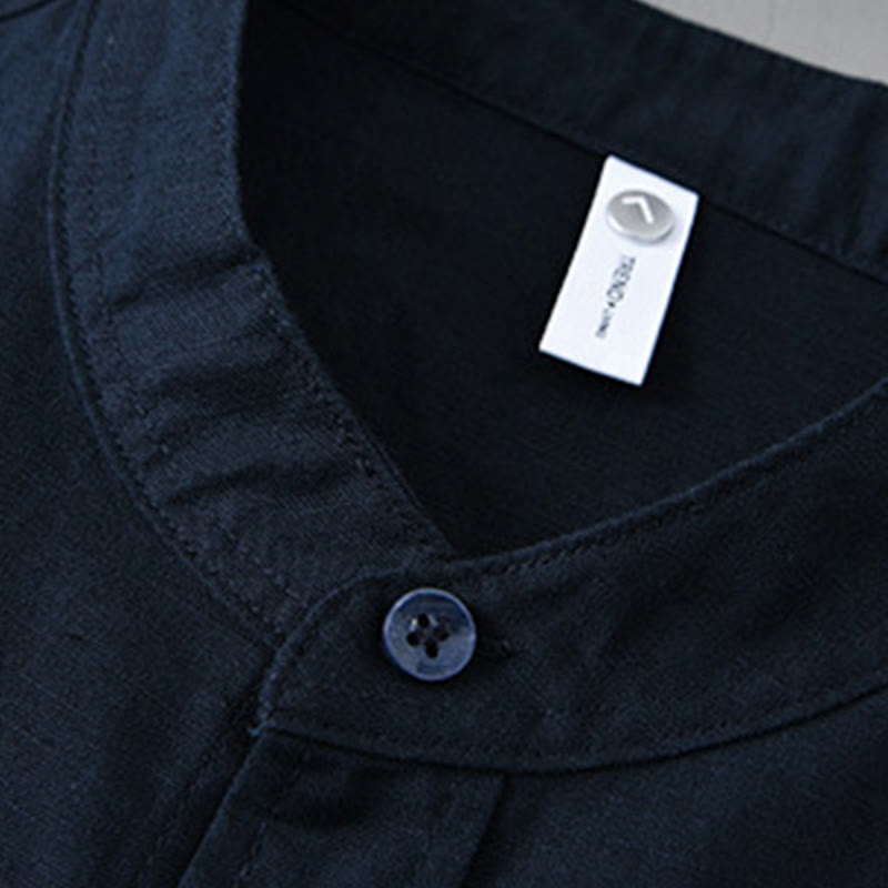 Men's Long Sleeve Stand Collar With Pocket Pure Color Casual Cotton Linen Shirt