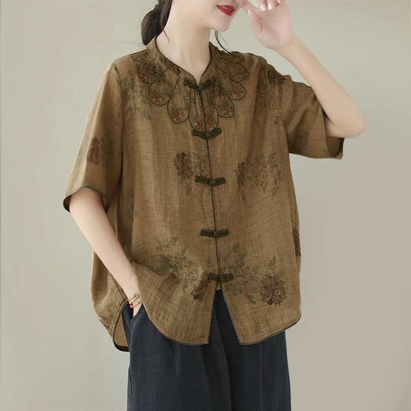 Purple Flower Print Frog-Button Design Shirt