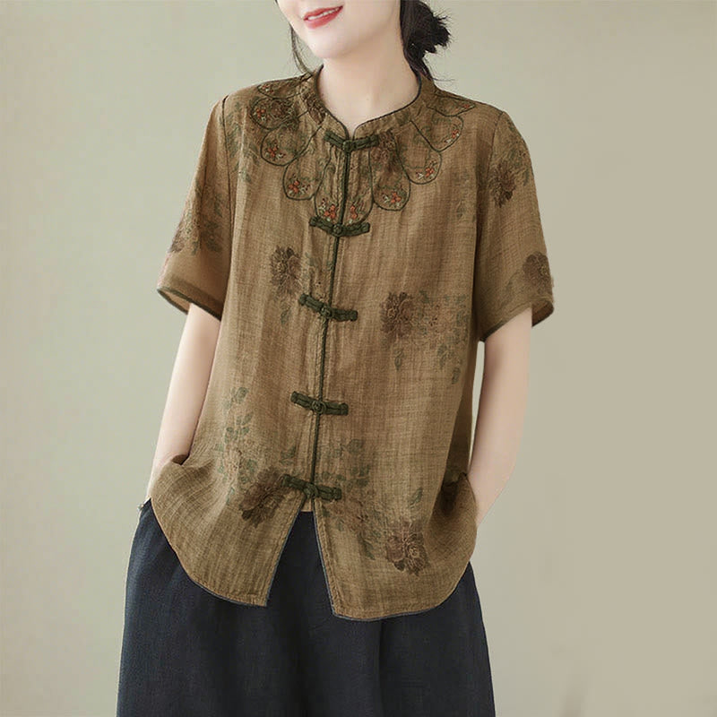 Purple Flower Print Frog-Button Design Shirt