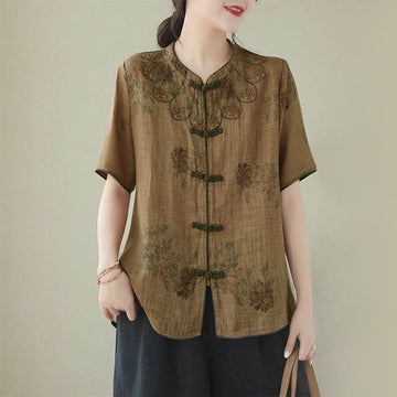Purple Flower Print Frog-Button Design Shirt