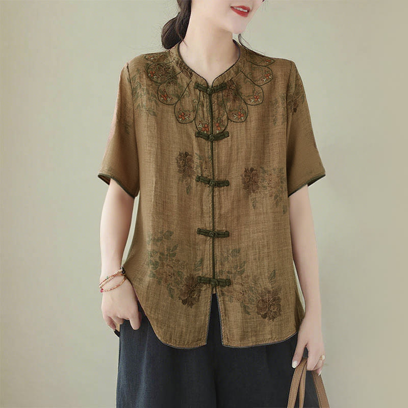 Purple Flower Print Frog-Button Design Shirt