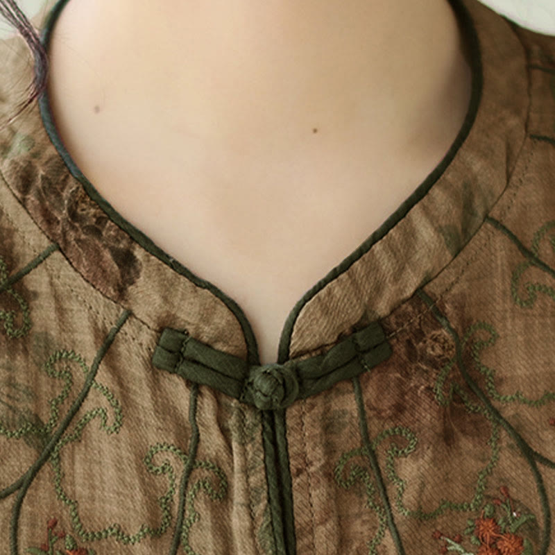 Purple Flower Print Frog-Button Design Shirt